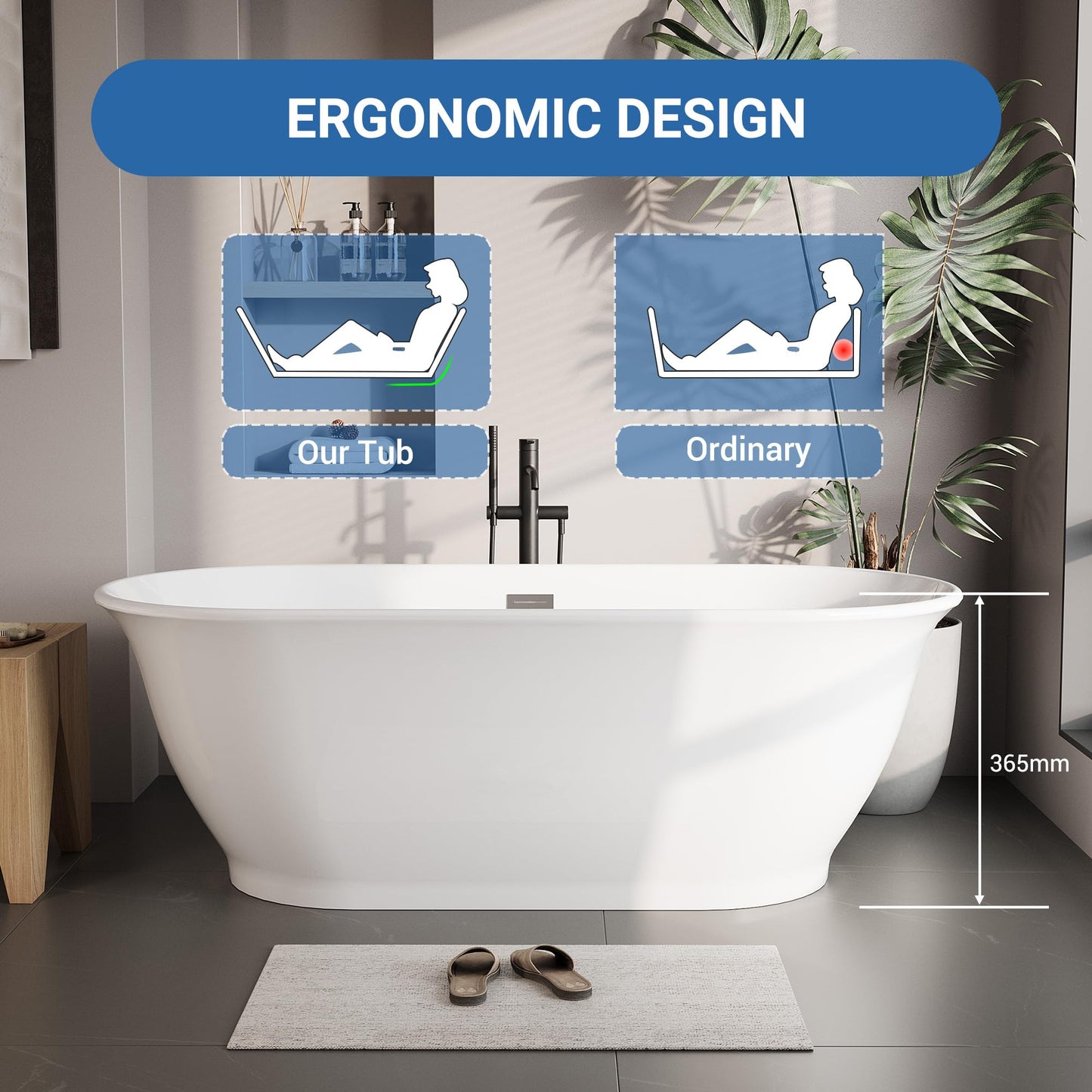 GarveeLife 59 Inch Freestanding Bath Tub Acrylic Oval Soaking Tub – Extra Large Freestanding Bathtub for Modern Bathroom Remodel, Integrated Overflow, Glossy White Finish