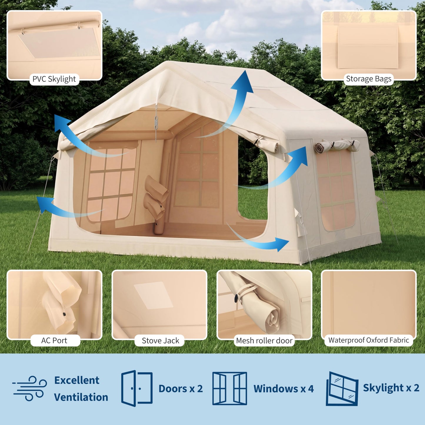Garvee Inflatable Tents for Camping, Easy Setup Inflatable Hot Tent with Skylight & Stove Jack, Blow Up Tent with Pump, Waterproof Oxford Air Glamping Tents for Adult 6-8 Person