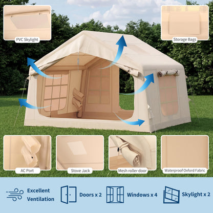 Garvee Inflatable Tents for Camping, Easy Setup Inflatable Hot Tent with Skylight & Stove Jack, Blow Up Tent with Pump, Waterproof Oxford Air Glamping Tents for Adult 6-8 Person