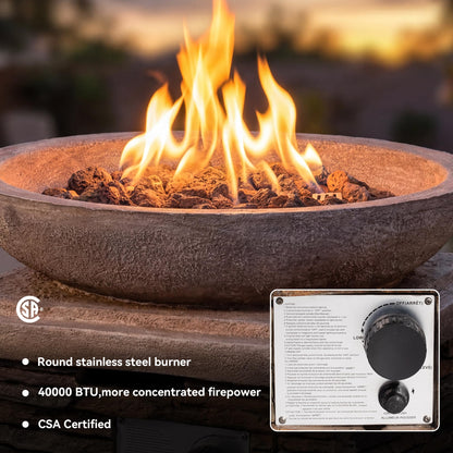 COSIEST Outdoor Propane Fire Pit Table w Faux Brown Compact Ledge Stone 20" Square Base and Faux Rose-Marble Round Bowl, Certified, 40,000 BTU, Free Lava Rocks, Fits 20lb Tank Inside, Raincover