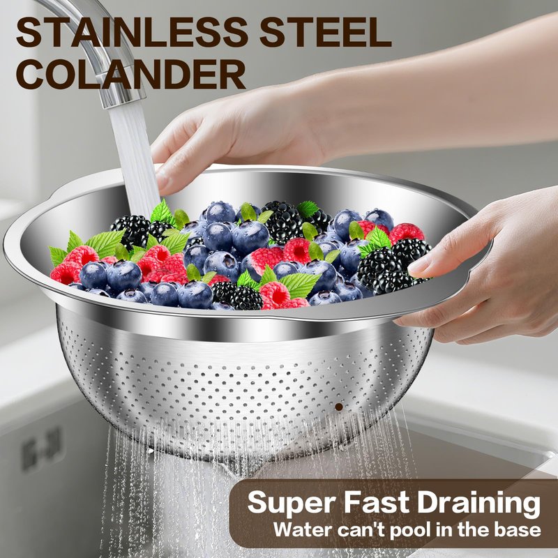 Stainless Steel Colander for Kitchen, Stainless Steel Strainer, Pasta Strainer for Spaghetti Fruit Cooking Food, 3 Pcs Strainers and Colanders(2QT, 3QT, 5QT), Dishwasher Safe, Kitchen Present