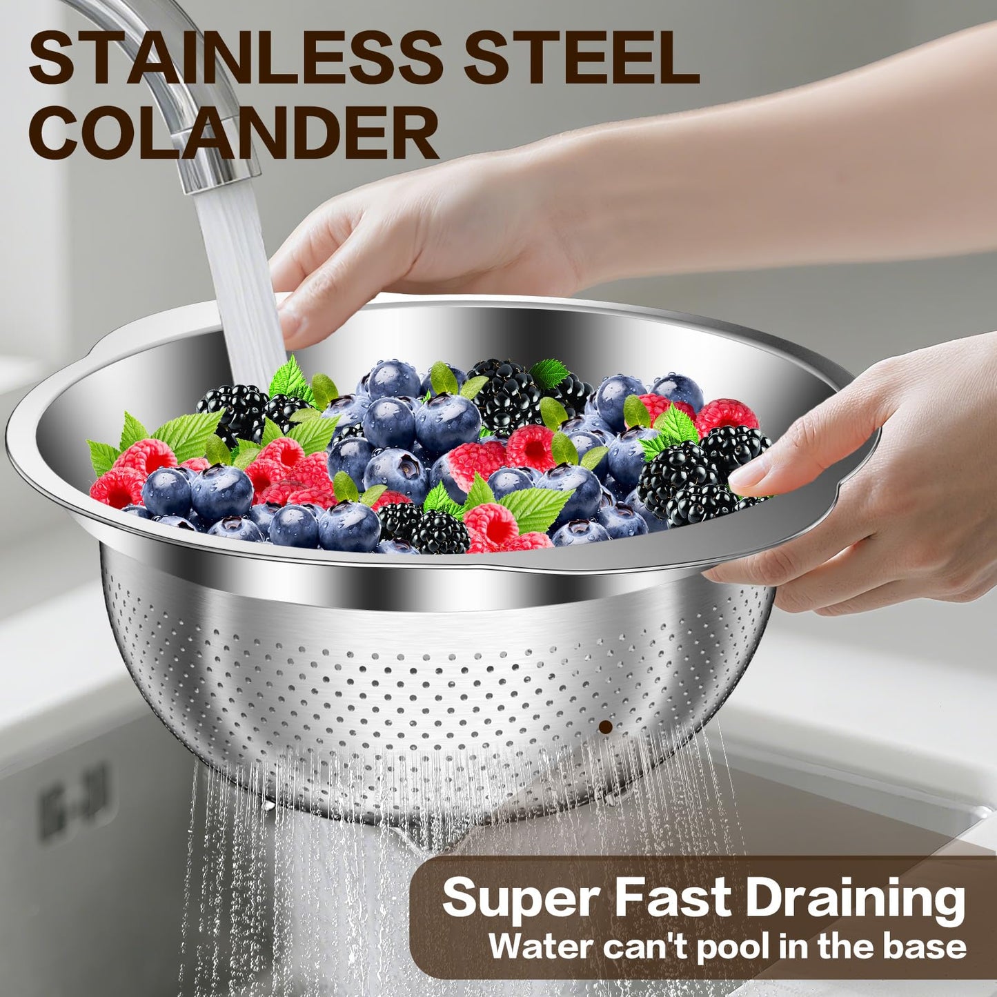 Colander, Strainer Bowl, Stainless Steel Colander, Rice Washing Bowl, Pasta Strainer & Vegetable Washer, Kitchen Strainer with Mixing Bowl for Draining, Food Prep, Dishwasher Safe, 4QT