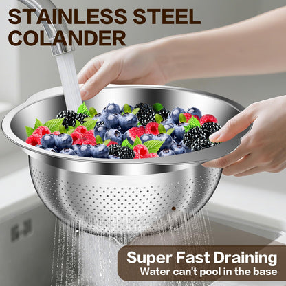 Colander, Strainer Bowl, Stainless Steel Colander, Rice Washing Bowl, Pasta Strainer & Vegetable Washer, Kitchen Strainer with Mixing Bowl for Draining, Food Prep, Dishwasher Safe, 4QT