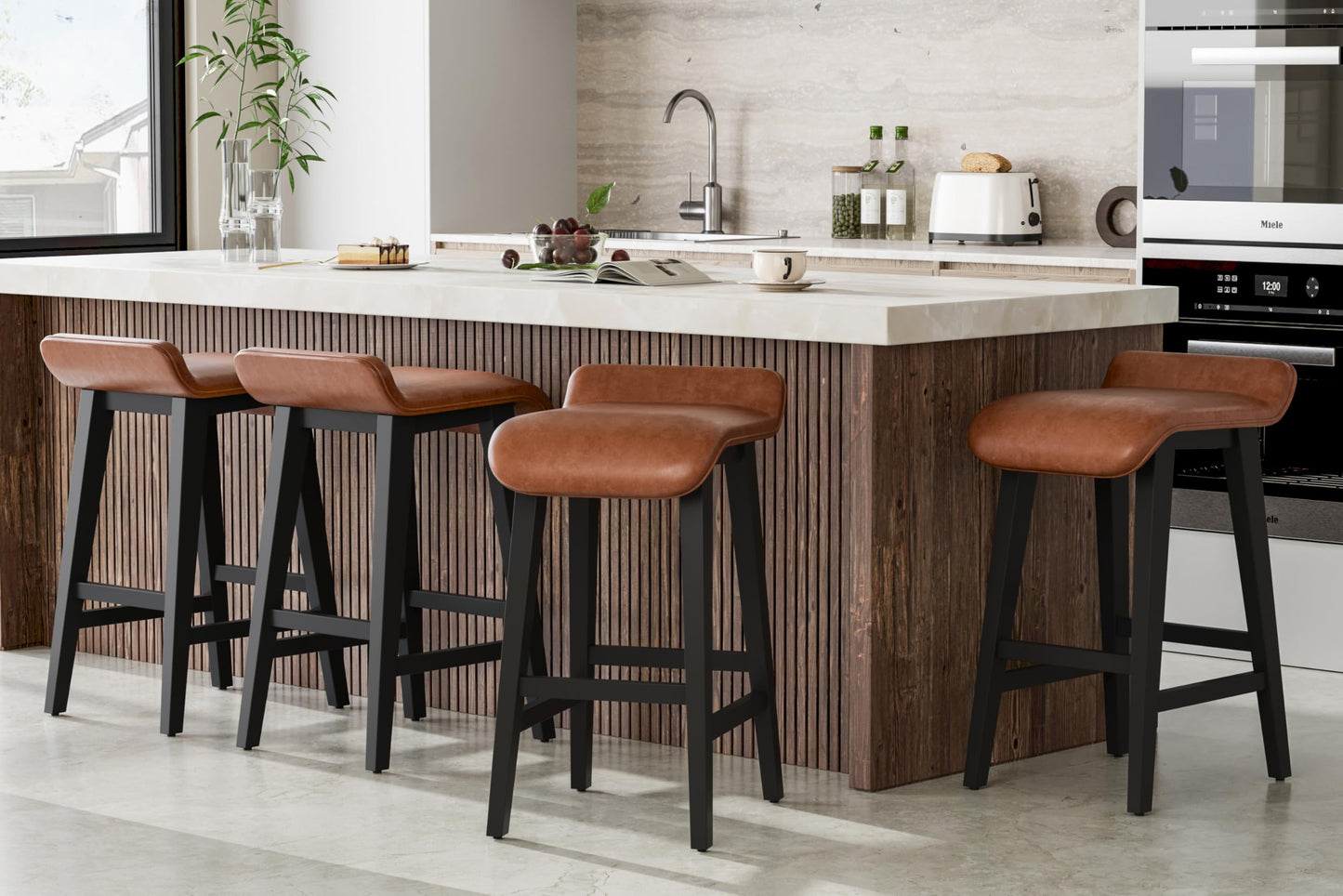 GarveeHome 26.2" Bar Stools Set of 4, Modern Upholstered Kitchen Stools with Low Back and Footrest, Counter Height Bar Stools with Wood Legs, for Kitchen Counter, Dining Room, Brown