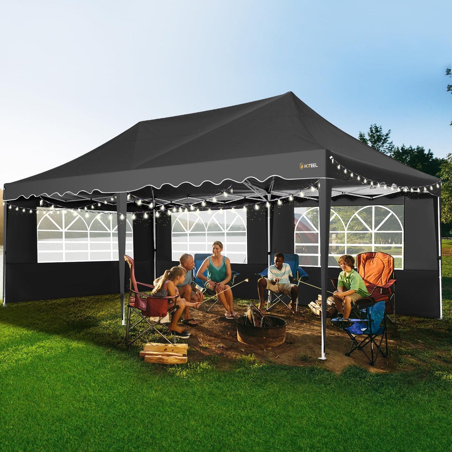 HOTEEL 10x20 Pop Up Canopy with 6 Sidewalls, Easy Setup Party Tent with Wheeled Bag, 4 Weight Bags, Silver Coated Event Shelter for Backyard, Vendor Booths, Black