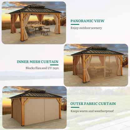 YITAHOME 13x15ft Wood Gazebo Outdoor Wooden Frame Double Roof Hardtop Galvanized Steel Top Canopy w/Curtain and Netting, Patio Heavy Duty Gazebo for Deck, Backyard, Beige Yellow