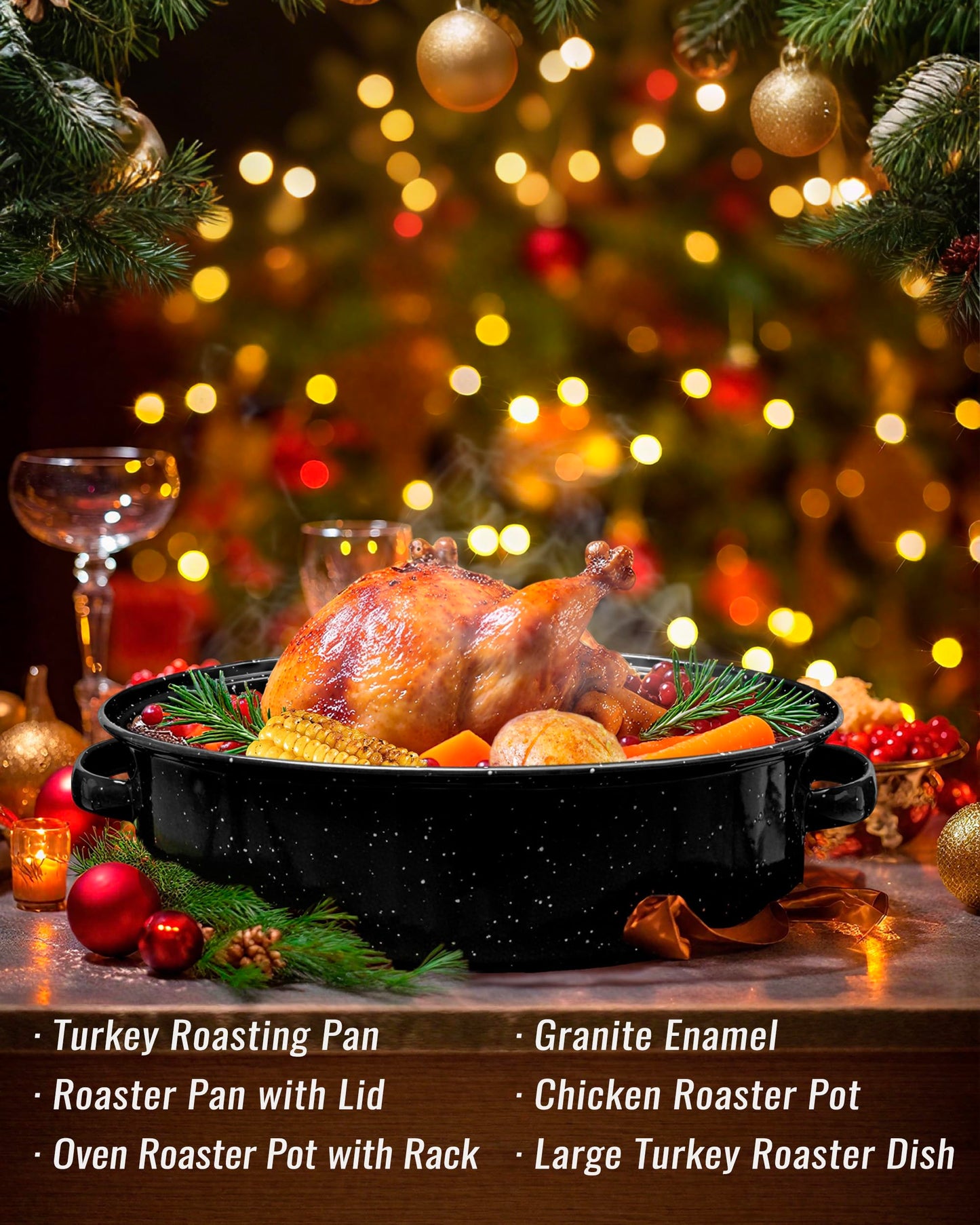 MCCSI Roasting Pan with Lid & Rack 18 Inch Extra Large Deep Oven Baking Pot, Enamel Granite Non-Stick Oval Carbon Steel Pot for Turkey Chicken Ham Steak Non-Toxic for Mother Day Gift Roaster Pan