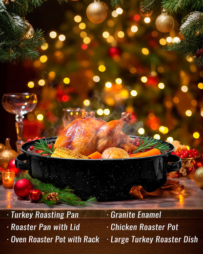 MCCSI Roasting Pan with Lid & Rack 18 Inch Extra Large Deep Oven Baking Pot, Enamel Granite Non-Stick Oval Carbon Steel Pot for Turkey Chicken Ham Steak Non-Toxic for Mother Day Gift Roaster Pan