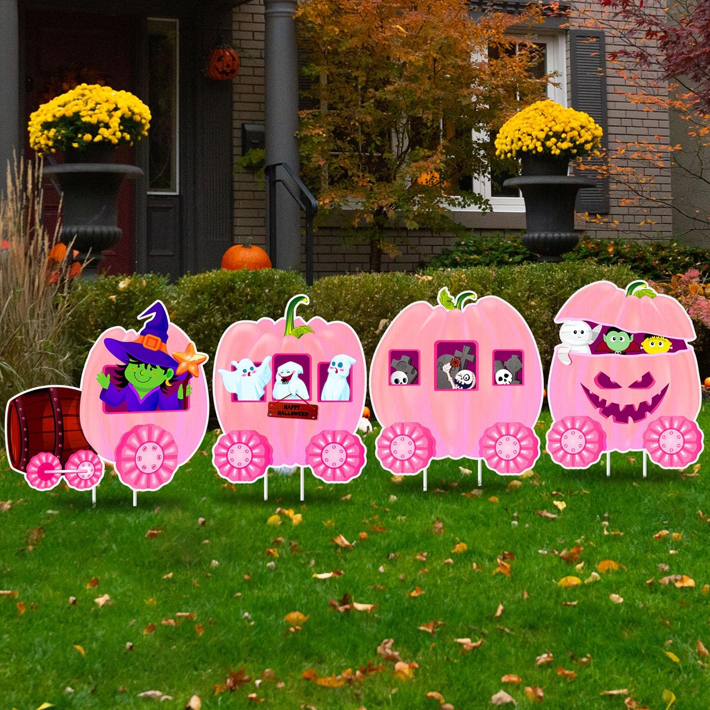 Shellwei 4 Pcs Thanksgiving Pumpkin Yard Outdoor Decor Skeleton Train Yard Signs Autumn Harvest Decorations for Lawn Outdoor Garden Farmhouse Home Thanksgiving Party Decor(Pumpkin,Pink)