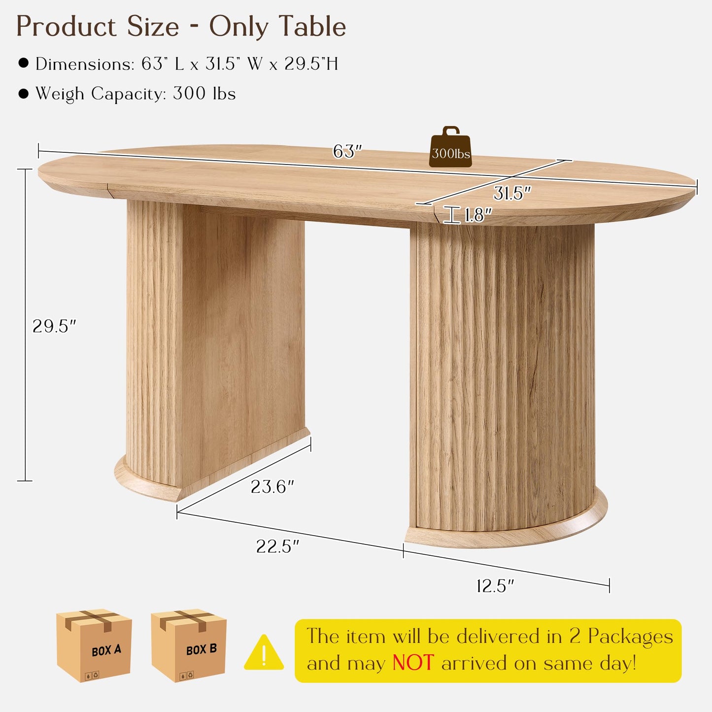 T4TREAM 63" Fluted Oval Dining Table for 4-6, Mid-Century Modern Kitchen Table with Thickened Edge & Semi-Cylindrical Base, Wood Table for Dining Room/Kitchen/Home Office, Natural Oak (Table Only)