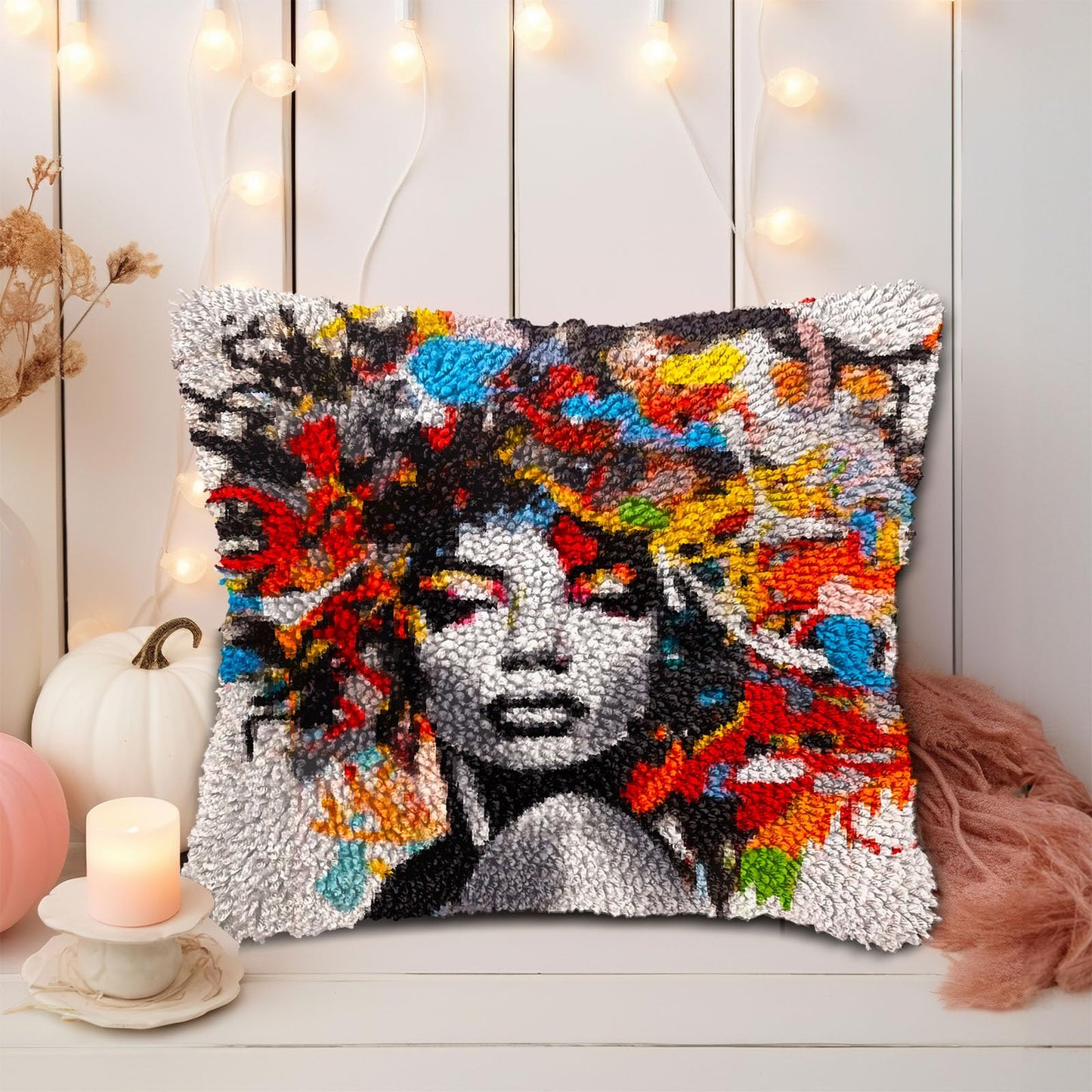 Graffiti Abstract African Woman DIY Latch Hook Pillow Kits for Adults Printed Pillowcase Crochet Yarns Hooking Handmade Pillow Cover Cushion for Home Sofa Decoration 17x17inch(1)