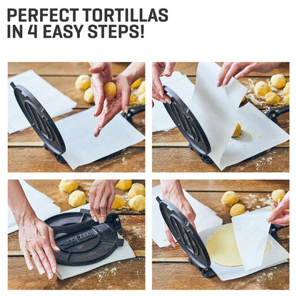 Uno Casa Tortilla Master Kit - Tortilla Press 8 Inch with 10.5 IN Comal Pan, 4 Taco Holders, and Tortilla Warmer - Complete Taco Tuesday Kit, Rotis, and Quesadillas - Unique Gift for Friends or Family