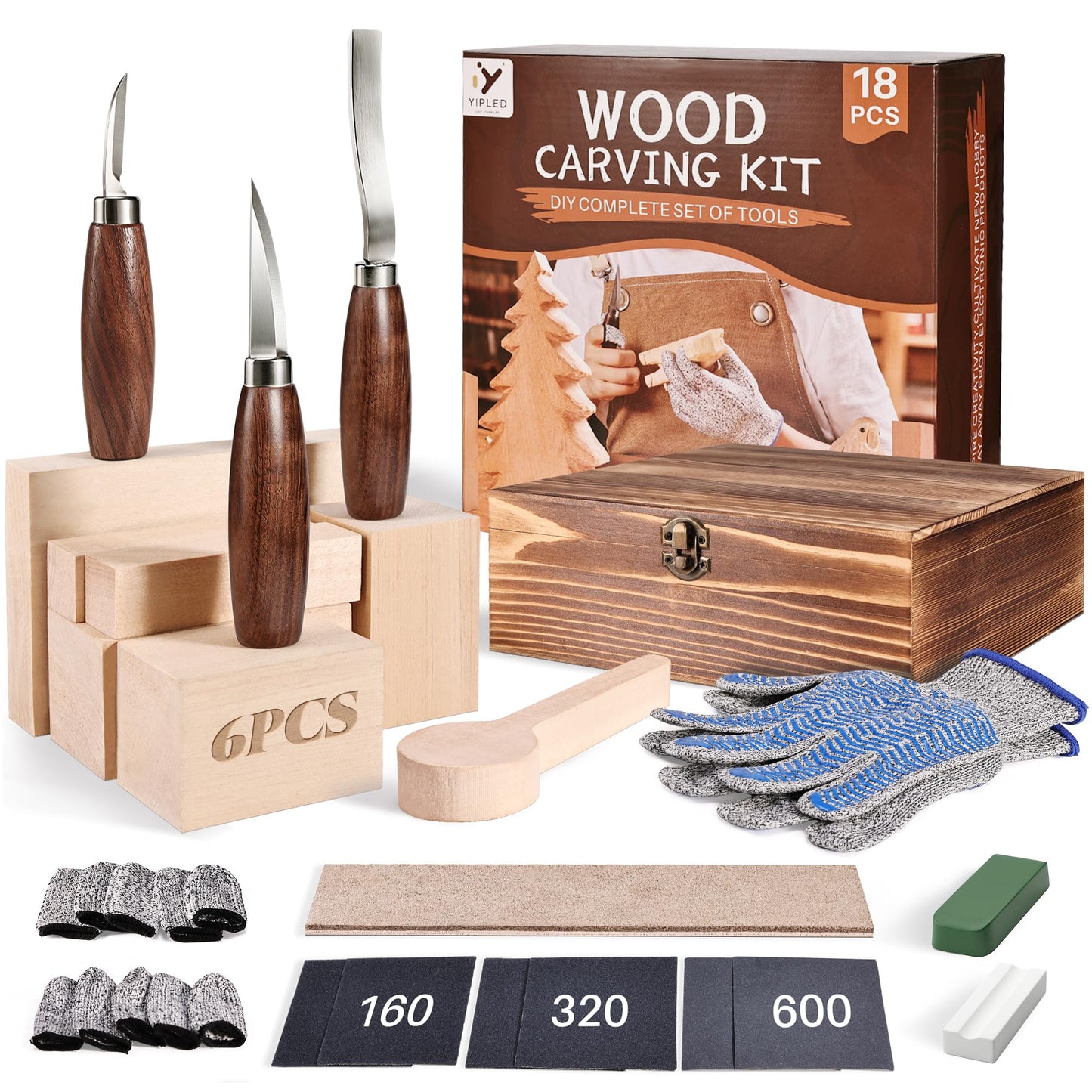 Wood Carving Kit for Beginners, Wood Carving Tools with 3Pcs Whittling Knife 7Pcs Basswood Carving Blocks, Grade 5 Anti Cutting Gloves, Leather Strop, Polishing Compound, Entry-Level Carving Gift Set