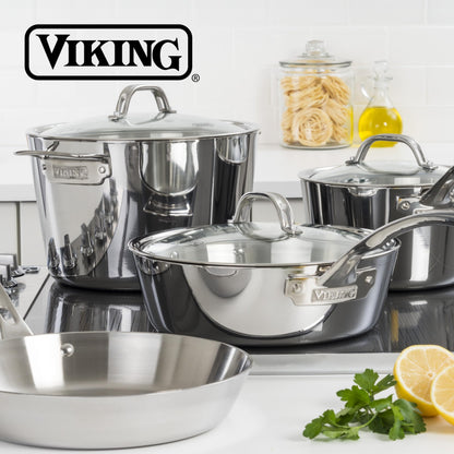 Viking Contemporary 3-Ply Pots and Pans Set, 7 Piece Stainless Steel Kitchen Cookware, Silver