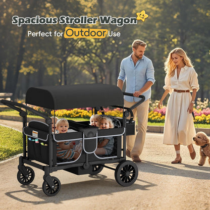 TOLEAD Wagon Stroller for 4 Kids, Foldable 4 Seats Outdoor Stroller Wagon with Canopy, Adjustable Handlebars, 5-Point Safety Harness, Detachable Tray, Portable Bag (Black)