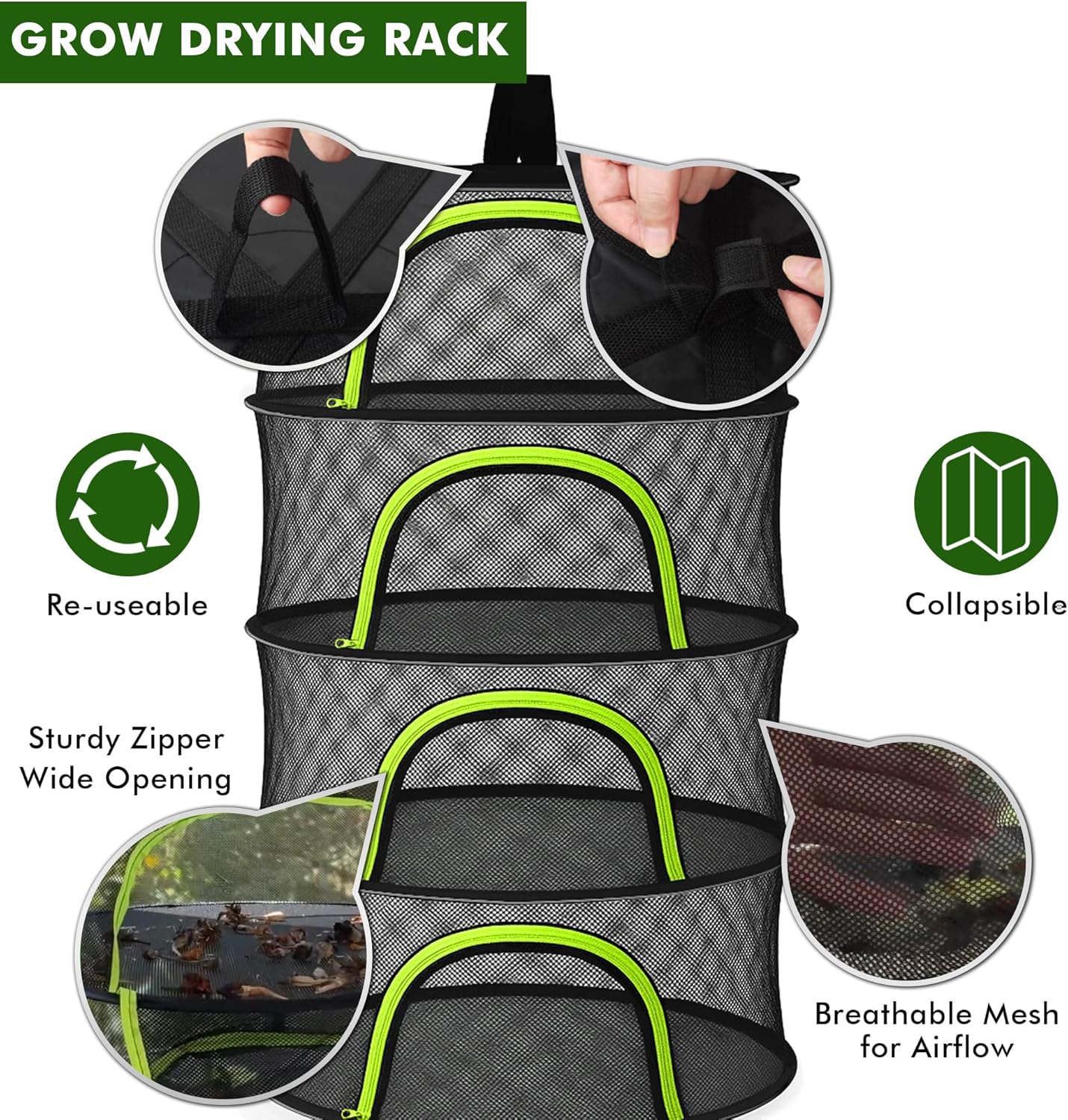 BRIVADO 4 24" Herb Drying Rack Hanging Mesh Layer with Zipper, Garden Pruning Shear, Hook & Carabiner Clip for Drying