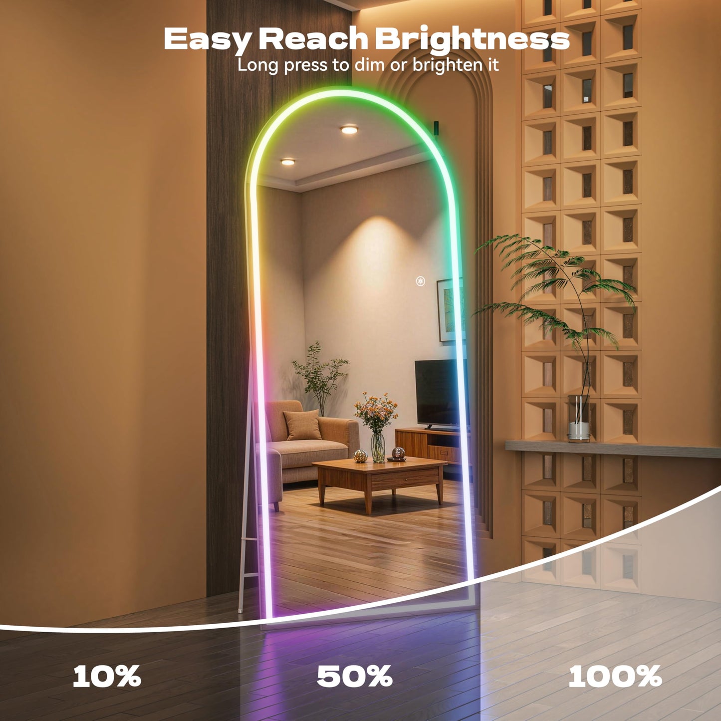 Hasipu Arch Full Length Mirror 79 x 32 in with Stand — Arch LED RGB Full Body Mirror, 7 Lighting Modes, Dimmable, Built‑in Bluetooth Speaker, White Frame for Bedroom Dressing Room