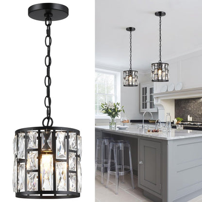MEXO Modern Crystal Pendant Light,Black Chandelier Light Fixture, Cylinder Adjustable Height Pendant Lights for Kitchen,Dining Room,Living Room,Foyer,Hallway