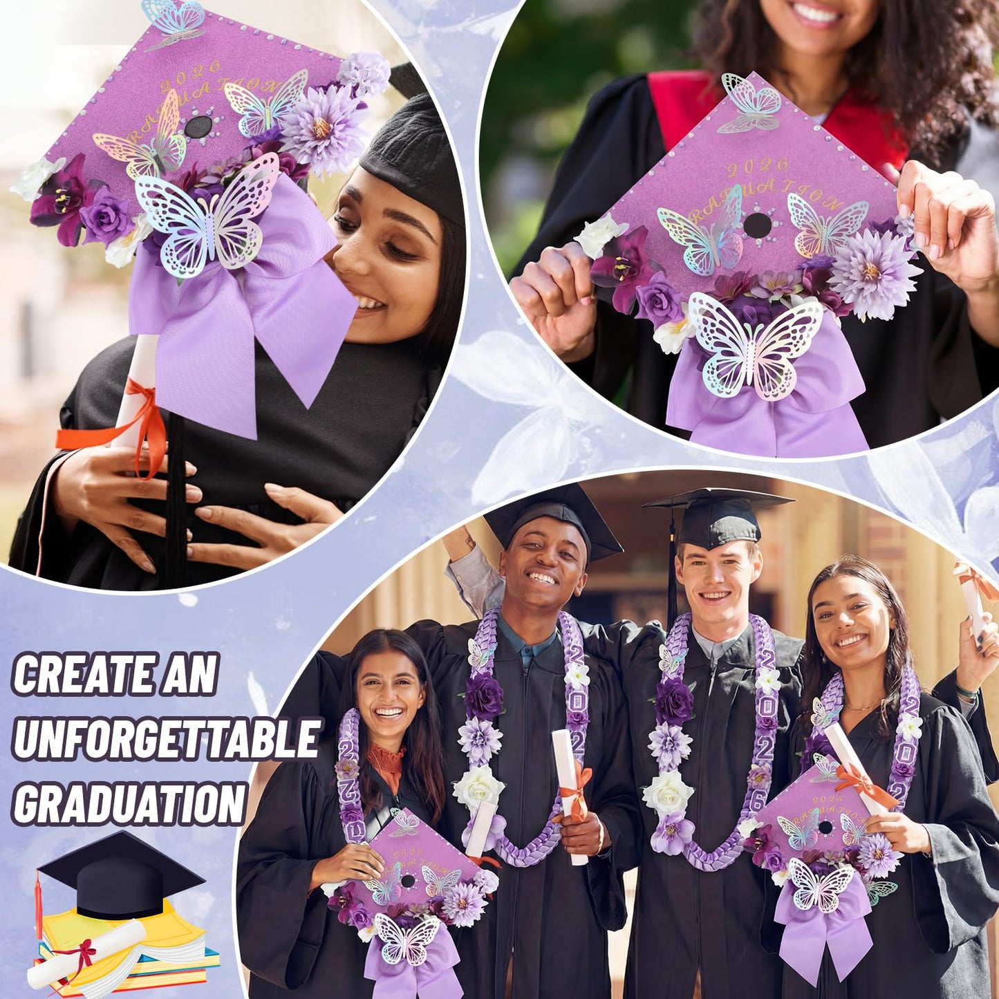 Dunzoom 100 Pcs DIY Purple Graduation Leis and Cap Decorations Kit 55''Double Braided Graduation Ribbon Lei Artificial Flower 3D Butterfly Glitter Paper Grad Cap Topper Accessory for 2026 Grad