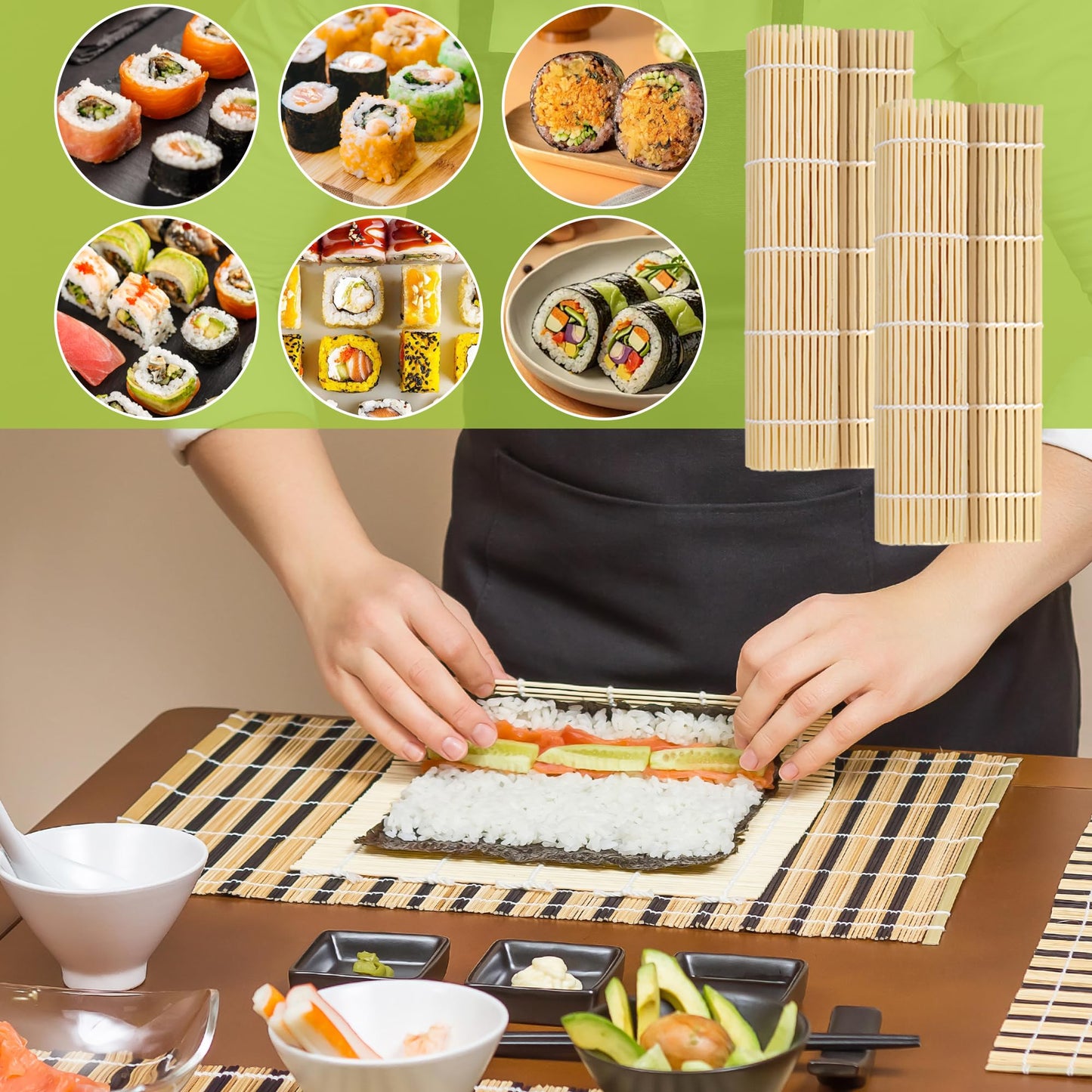 Axigundaone 20 Pcs Bamboo Sushi Rolling Mat Bulk, 9.5 x 8.9 Inch Bamboo Square Sushi Mat Roller, Sushi Making Roller Mats for Beginners, Sushi Party