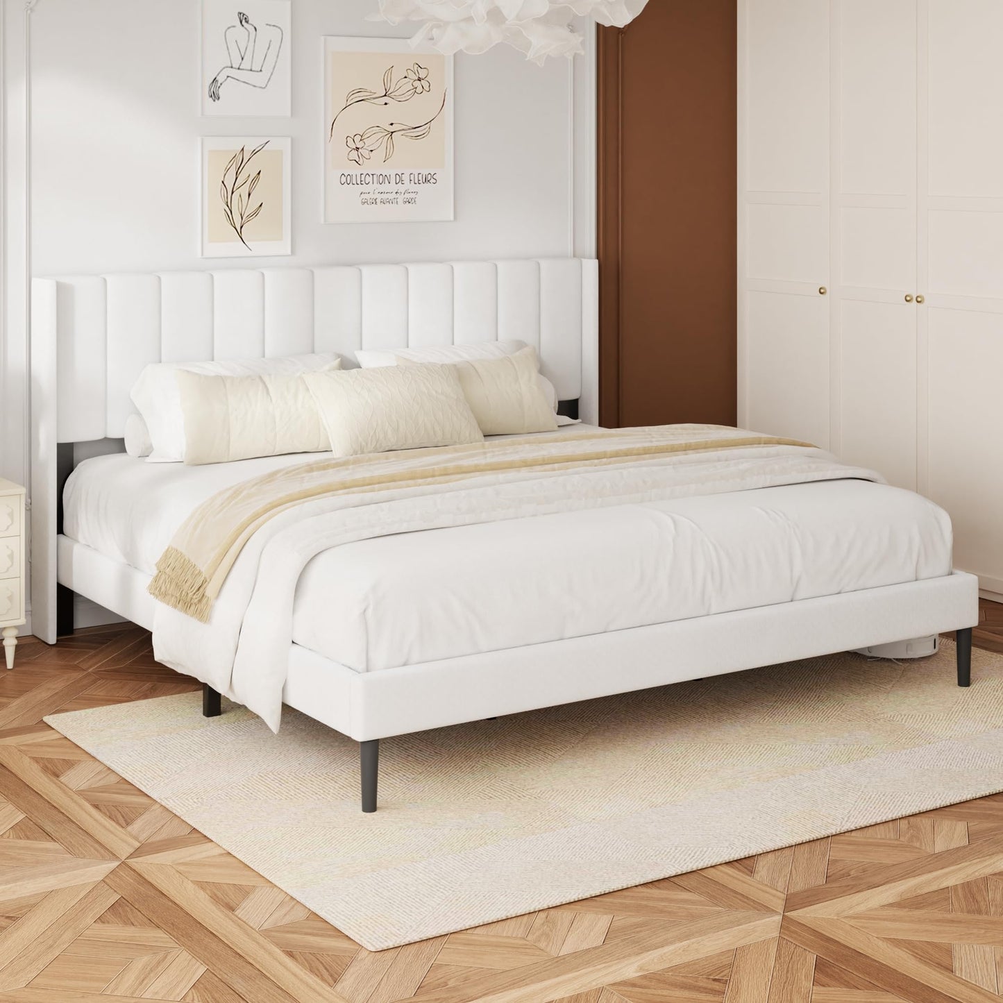 HAOARA King Size Velvet Bed Frame and Vertical Chanel Tufted Headboard, Upholstered Platform Bed wtih Wingback, No Box Spring Needed, Strong Wooden Slats, White