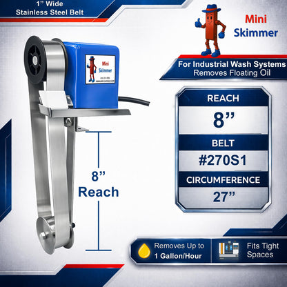 Mini-Skimmer Stainless Steel Belt Oil Skimmer MSB-B, 1 GPH Oil Removal, for Coolant Tanks, Parts Washers, Ultrasonic Cleaners (8" Reach (30 RPM))
