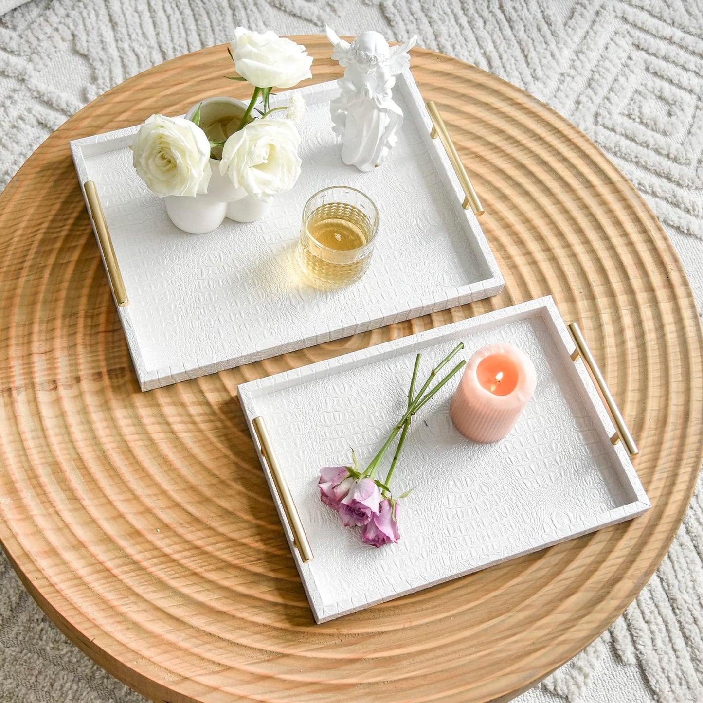MACVAD Set of 2 Modern Elegant Large Wood Serving Tray, Rectangle Decorative Tray Ottoman Tay Coffee Table Tray, Pearl White Crocodile Leather with Gold Polished Metal Handles