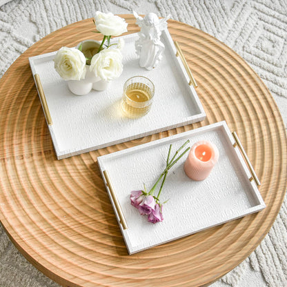 MACVAD Set of 2 Modern Elegant Large Wood Serving Tray, Rectangle Decorative Tray Ottoman Tay Coffee Table Tray, Pearl White Crocodile Leather with Gold Polished Metal Handles