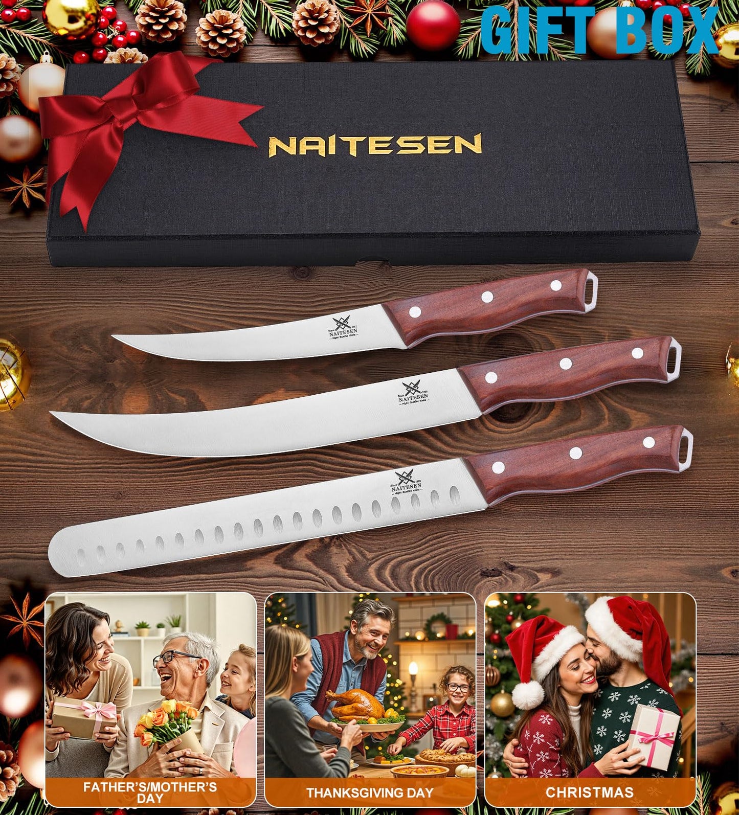 Naitesen 3PCS Professional Brisket Carving Knife Set, Butcher Knife, Very Sharp Meat Knives for BBQ Slicing Cutting Full Tang Rosewood Handle High Carbon Steel, Gifts for Men Women