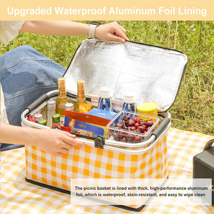 IACTIVE Insulated Picnic Basket，Collapsible Picnic Basket，30L Large Market Basket with Lid，2 Sturdy Handles，Storage Basket for Picnic，for Food Delivery，Take Outs，Market Shopping，Travel(Yellow Grid)
