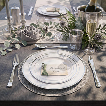 WDF 120PCS Plastic Plates White Silver Rim - Disposable Plates including 60PCS for Dinner 10.25inch, 60 Salad/Dessert Plates 7.5inch Heavy Duty Wedding Party Birthday