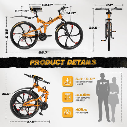 MarKnig 26 Inch Adult Folding Bikes/Mountain Bikes, 21 Speeds Mountain Bicycles with Full Suspension, Dual Disc Brake, High Carbon Steel Frame, Foldable Bike for Men/Women/Teen, HM-Orange