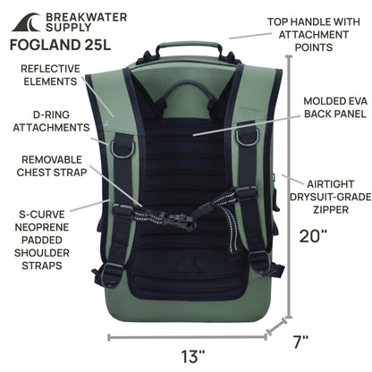 Breakwater Supply™ Fogland Waterproof IP68 Submersible Backpack | Laptop Sleeve & Airtight Zippers for Outdoors, Hunting, Fishing, Waterfowl, Floating Dry Bag, Unisex, TPU (Marsh Green, 25L)