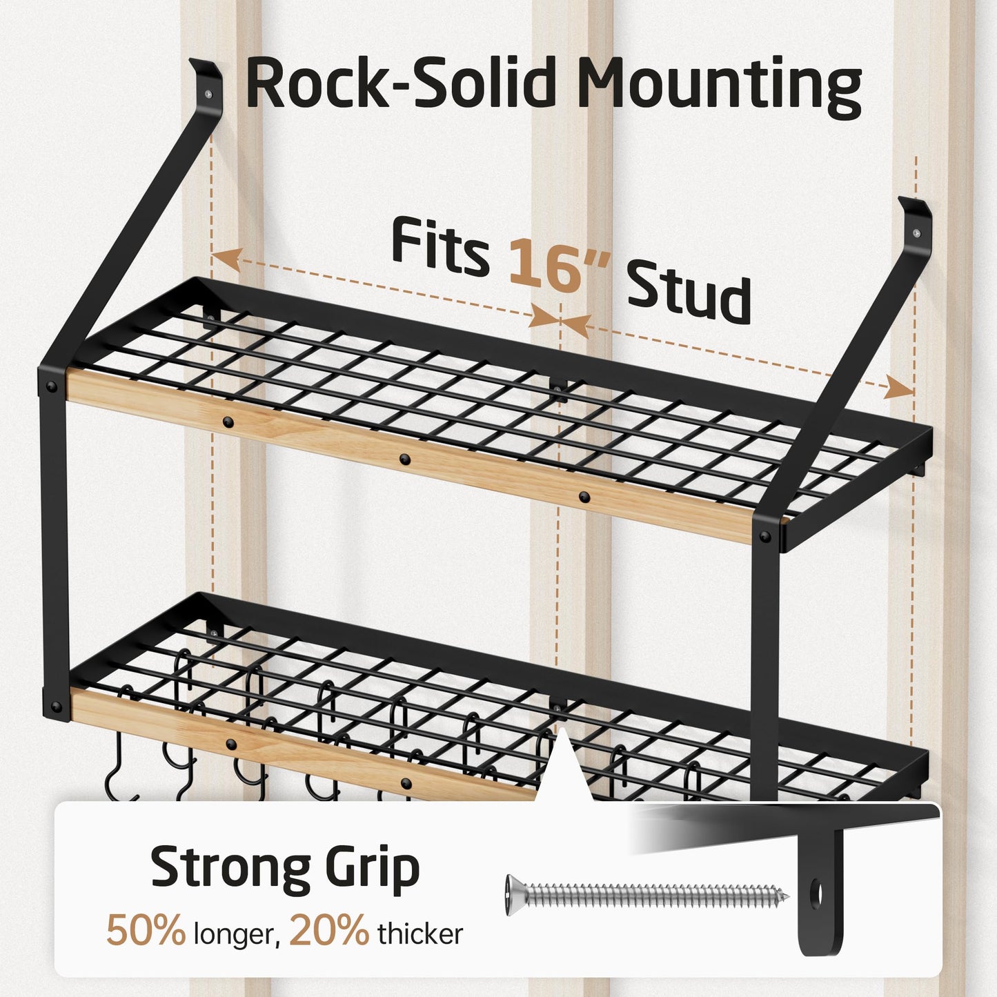 KES 132lb Heavy Duty Hanging Pot Rack Wall Mounted, 34 Inch Solid Wood Pot Rack Wall Mounted with 20 Sturdy Hooks, 2-Tier Wooden Pots Hanger Organizer Matte Black, KUR529S85B-BK