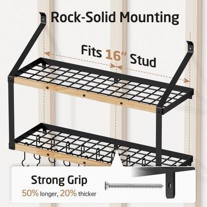 KES 132lb Heavy Duty Hanging Pot Rack Wall Mounted, 34 Inch Solid Wood Pot Rack Wall Mounted with 20 Sturdy Hooks, 2-Tier Wooden Pots Hanger Organizer Matte Black, KUR529S85B-BK