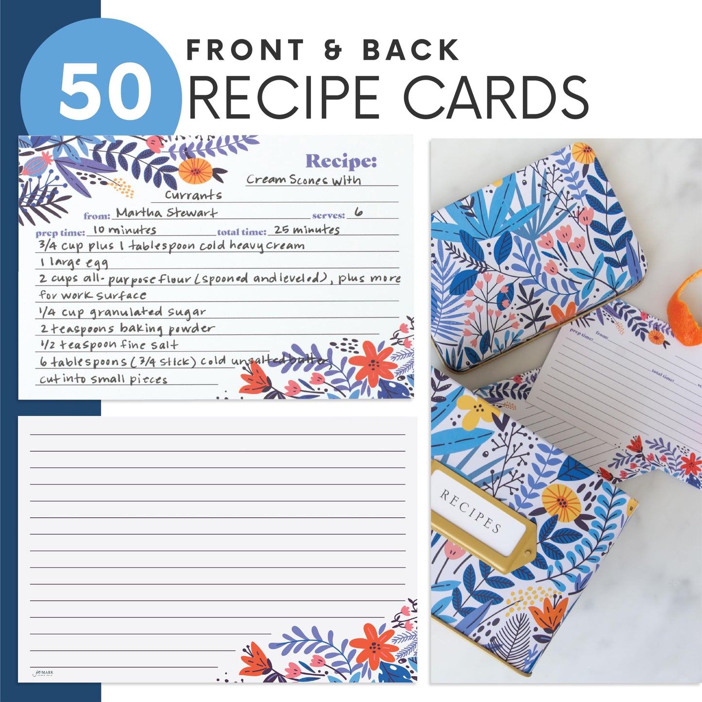 Jot & Mark Recipe Card Gift Box, 25 4x6 inch Cards, 14 Dividers, Decorative Tin Box