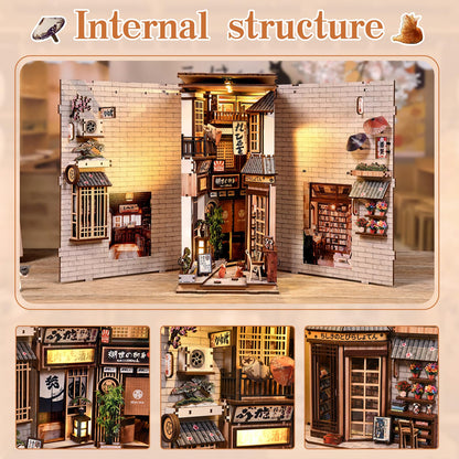 Reenovan Book Nook Kit, DIY Miniature House Kit for Adults & Teens, Japanese Alley Scene Bookshelf Insert Decor with LED, 3D Wooden Puzzle Gift for Book Lovers (Cat Alley)