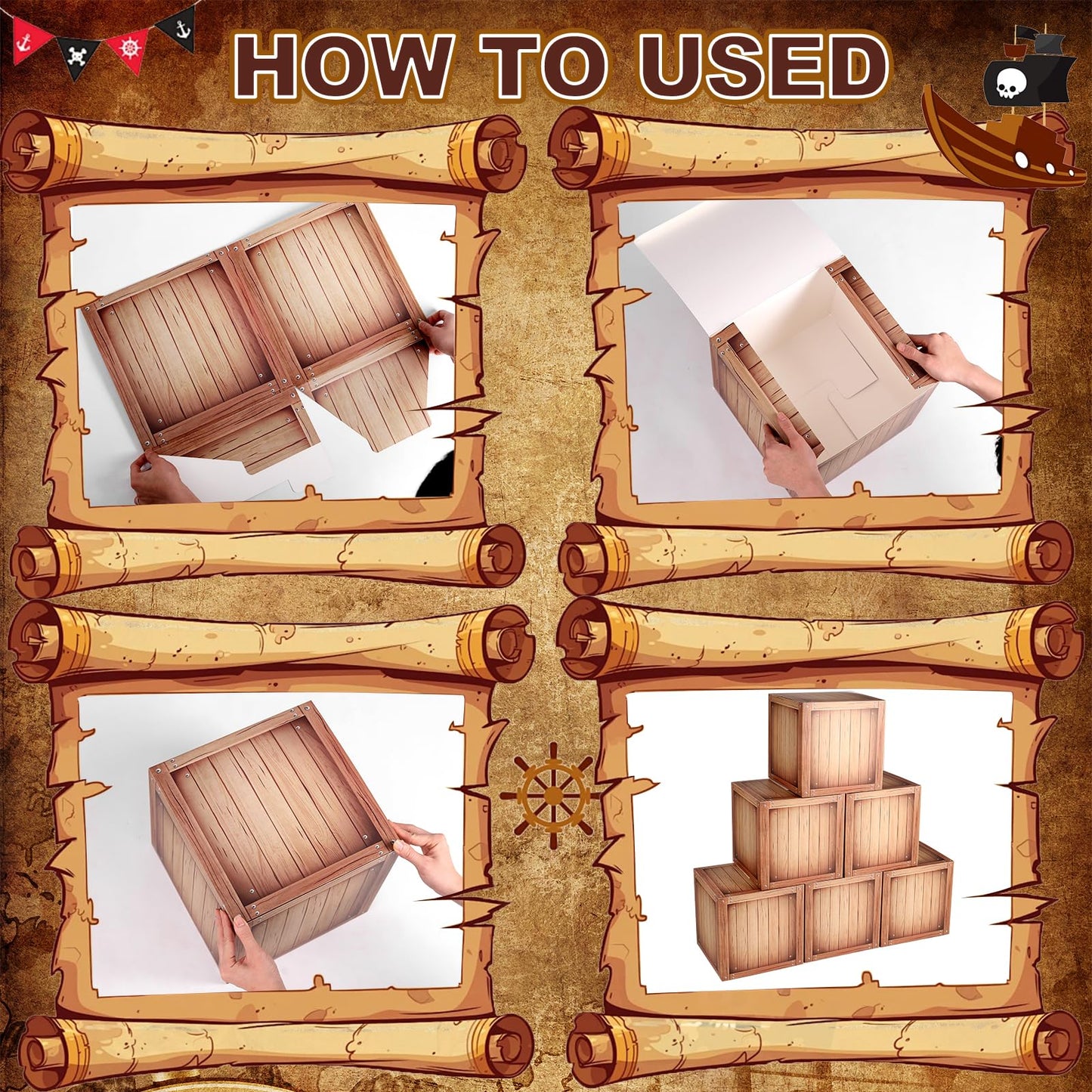 Zeivvnef Pirate Party Decorations Wooden Party Box Western Cowboy Party Decorations - Ocean or Pirate Party Favors Adventure Birthday Photo Booth Props, 6 Pack