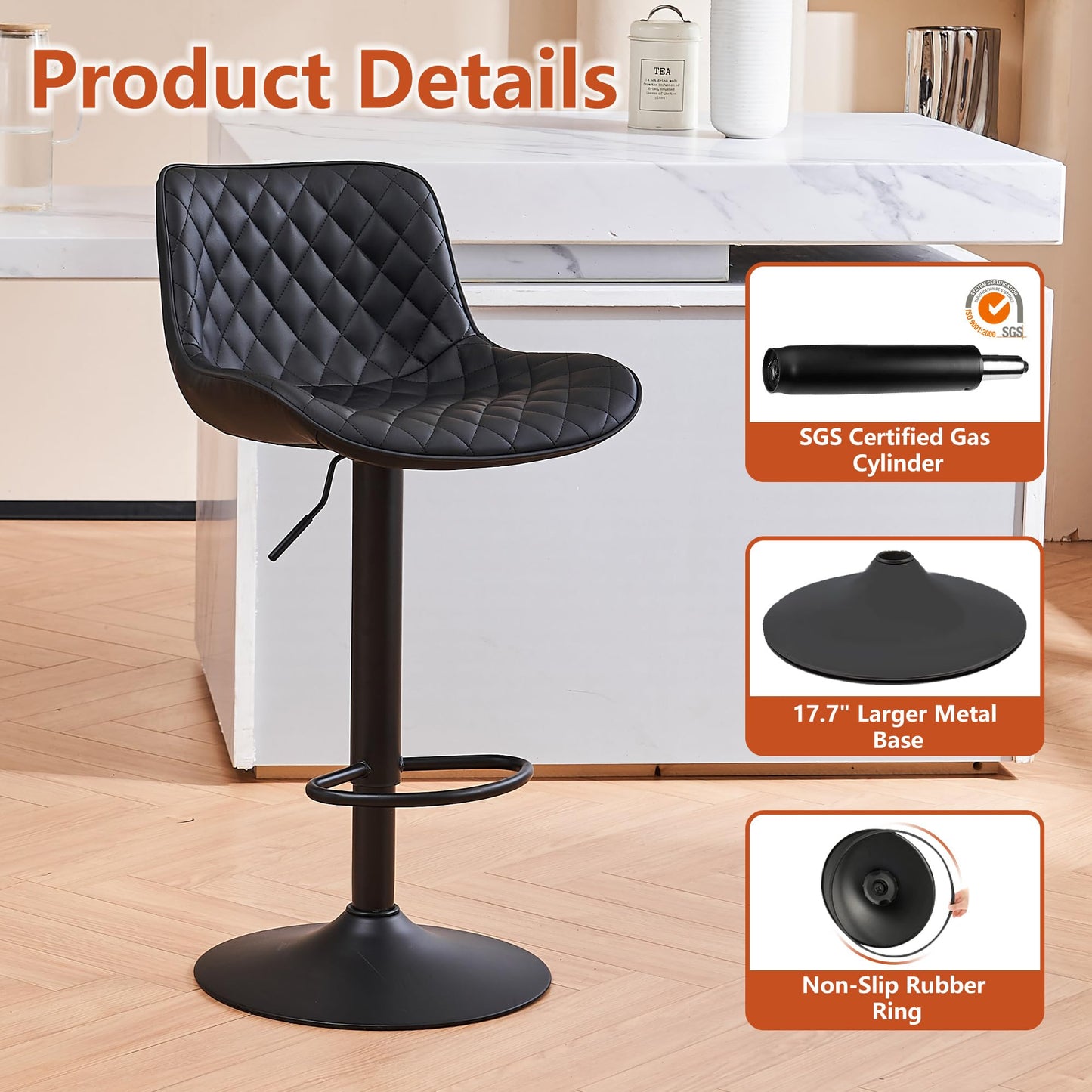 YOUTASTE Black Bar Stools Counter Height Bar Stool Set of 2 Adjustable Swivel Faux Leather Barstools with Padded Back Diamond Metal Bar Chairs for Home Kitchen Island