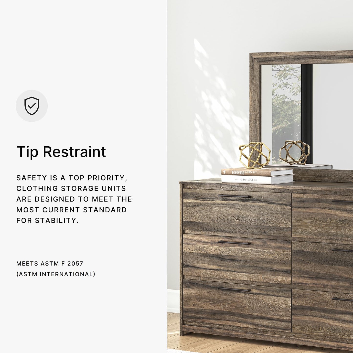 Signature Design by Ashley Baystorm Contemporary 6-Drawer Dresser and Mirror with Anti-Tipping Restraint, Light Brown