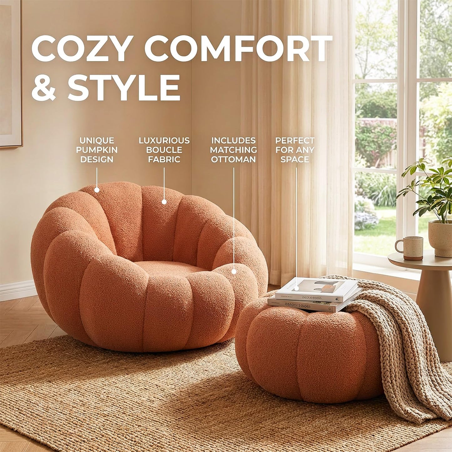 Premium Cloud Velvet Bean Bag Chair Set | 43.3" Ergonomic Pumpkin Lounger & Ottoman for Adults, Thick High-Resilience Foam, No Assembly, Compact for Living Room & Bedroom