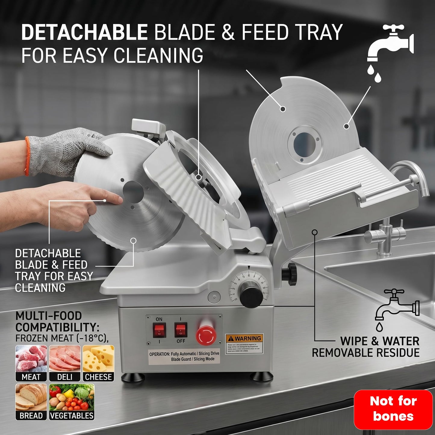 550W Commercial Meat Slicer with 12" Carbon Steel Blade, Auto Dual-Motor, Adjustable Thickness 0-0.5 inch, 633 RPM Fast Slicing, Automatic Meat Slicer for Home, Restaurant, Butcher Shop, Kitchen