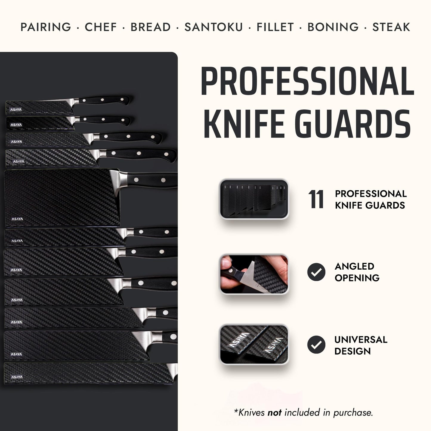 Asaya Professional Chef Knife Edge Guards – 11 Piece Knives Universal Covers - Extra Strength ABS Plastic and Food Safe Kitchen Knife Sheath Covers – Knives Not Included