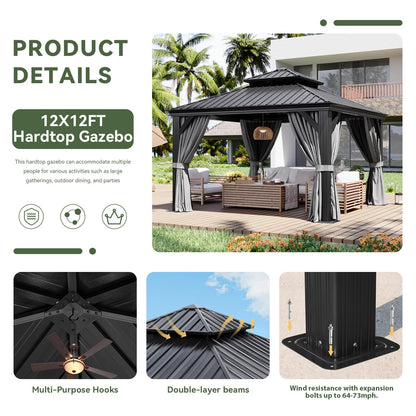 Aoxun 12' X 12' Hardtop Gazebo with Drainage System, Aluminum Outdoor Gazebo with Galvanized Steel Double Roof, Patio Permanent Metal Pavilion with Netting, for Garden, Deck, Backyard, Grey