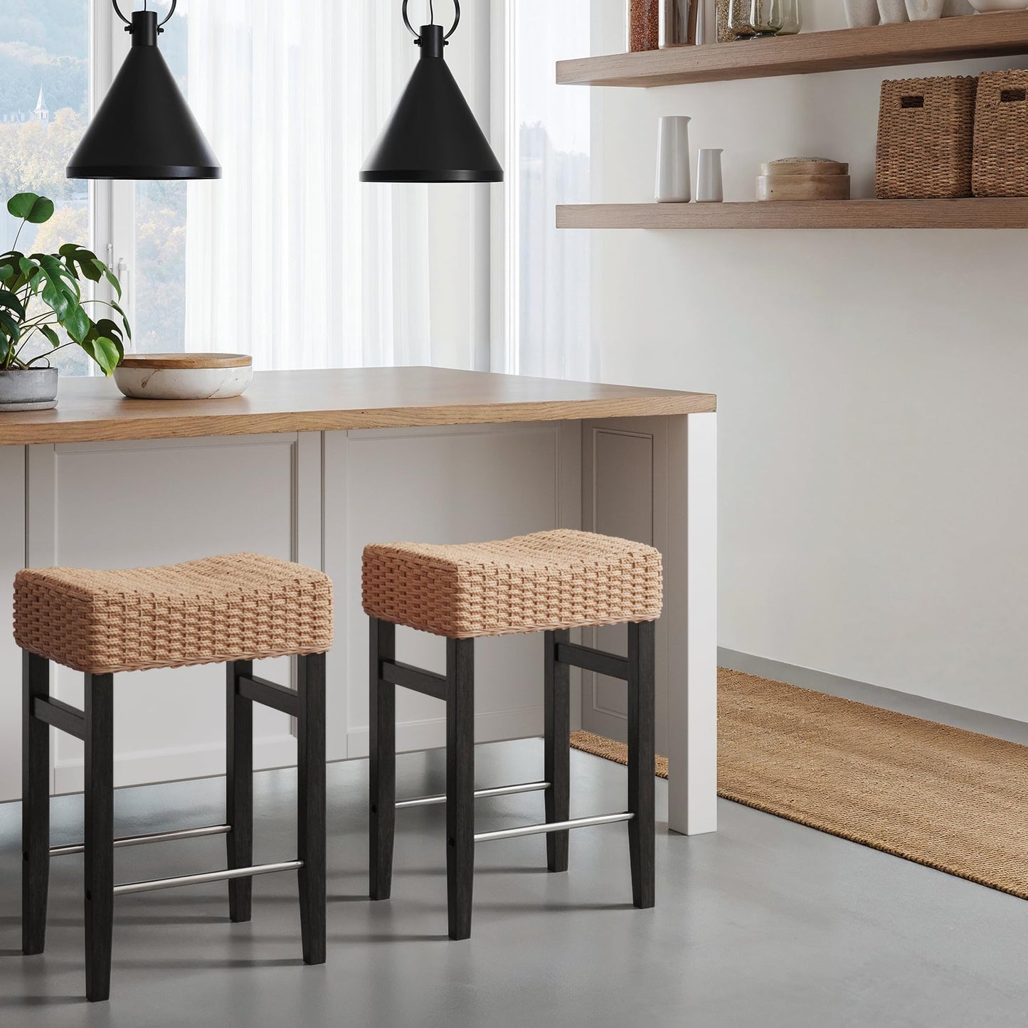 Nathan James Harvey Rattan Bar Stool, Bohemian Counter Height Stool with Woven Seagrass Seat, Solid Wood Legs, and Metal Footrest Seagrass/Brushed Black, Set of 2