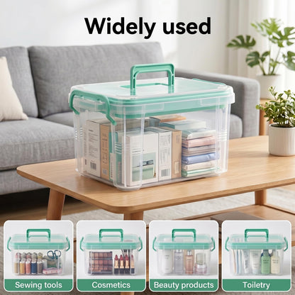 Goaste 15QT Clear Medicine Organizer Box with Handle, Plastic Medicine Container with Detachable Tray, Portable First Aid Bin Empty, Multipurpose Medical Storage Case for Home, Craft Supplies, Green
