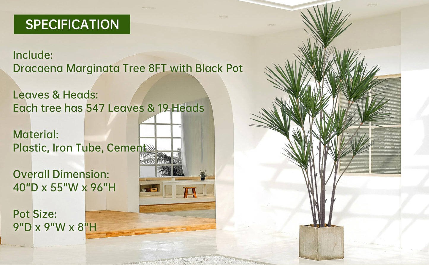Fsslower Artificial Dracaena Marginata Tree 8FT with 547 Leaves & 19 Heads Tall Large Lifelike Faux Tropical Yucca Plant Madagascar Dragon Tree 96 Inch Black Pot for Indoor Home Office Store Decor