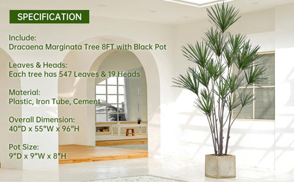 Fsslower Artificial Dracaena Marginata Tree 8FT with 547 Leaves & 19 Heads Tall Large Lifelike Faux Tropical Yucca Plant Madagascar Dragon Tree 96 Inch Black Pot for Indoor Home Office Store Decor