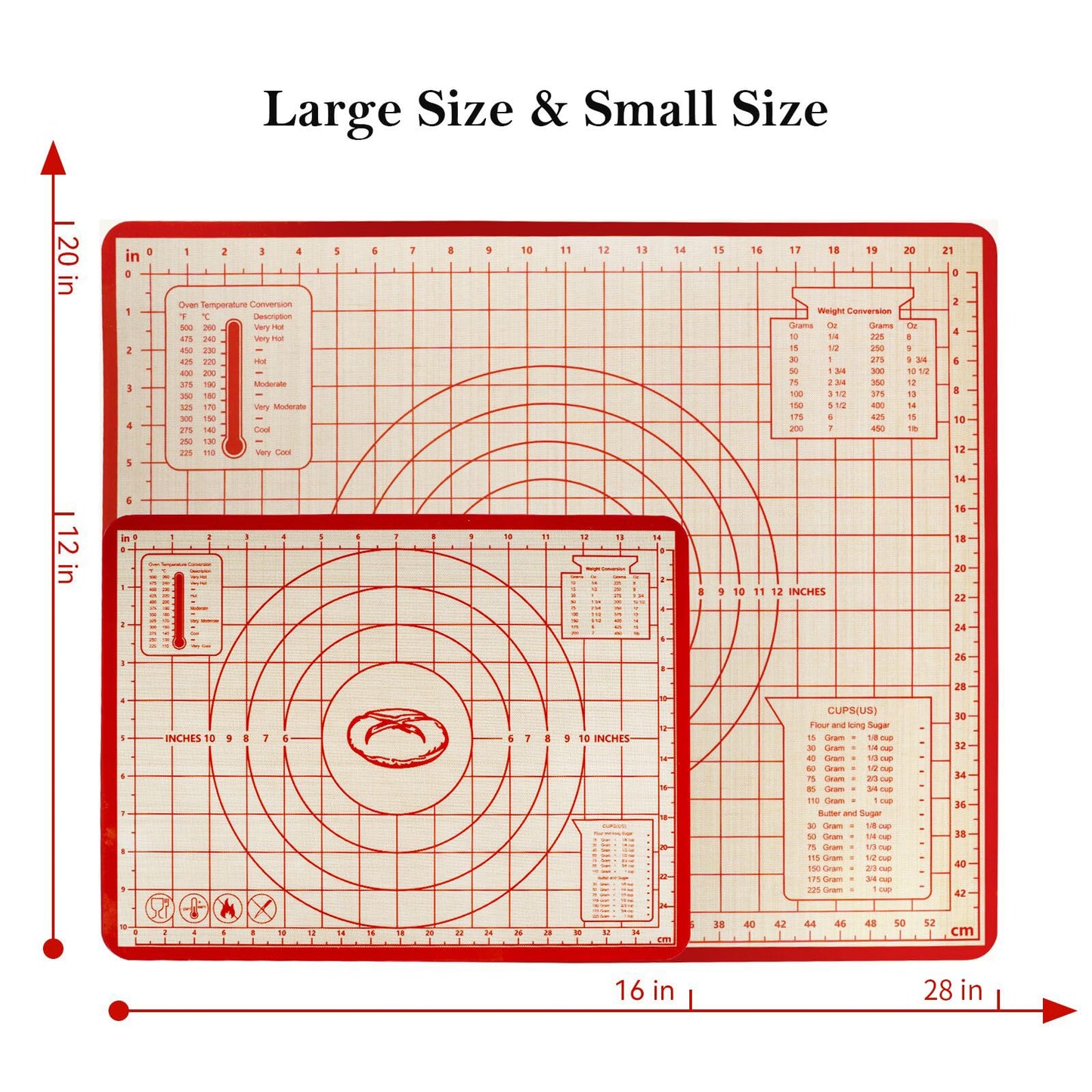 Silicone Baking Mat,28in×20in & 16in×12in Pastry Mat,Measuring Non-slip Dough mat Mats for Baking,Kneading Dough,Table Mats Red(2Pack)