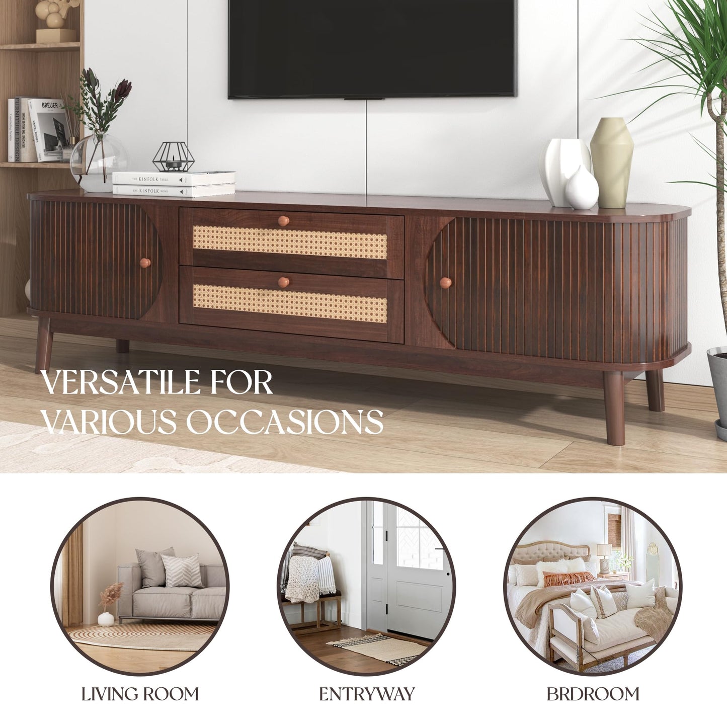 Ball & Cast TV Stand for TVs up to 75",Modern Entertainment Center with 2 Sliding Doors and 2 Rattan Drawers,TV Media Console w/Storage Cabinets and Solid Wood Legs for Living Room,Natural+Brown